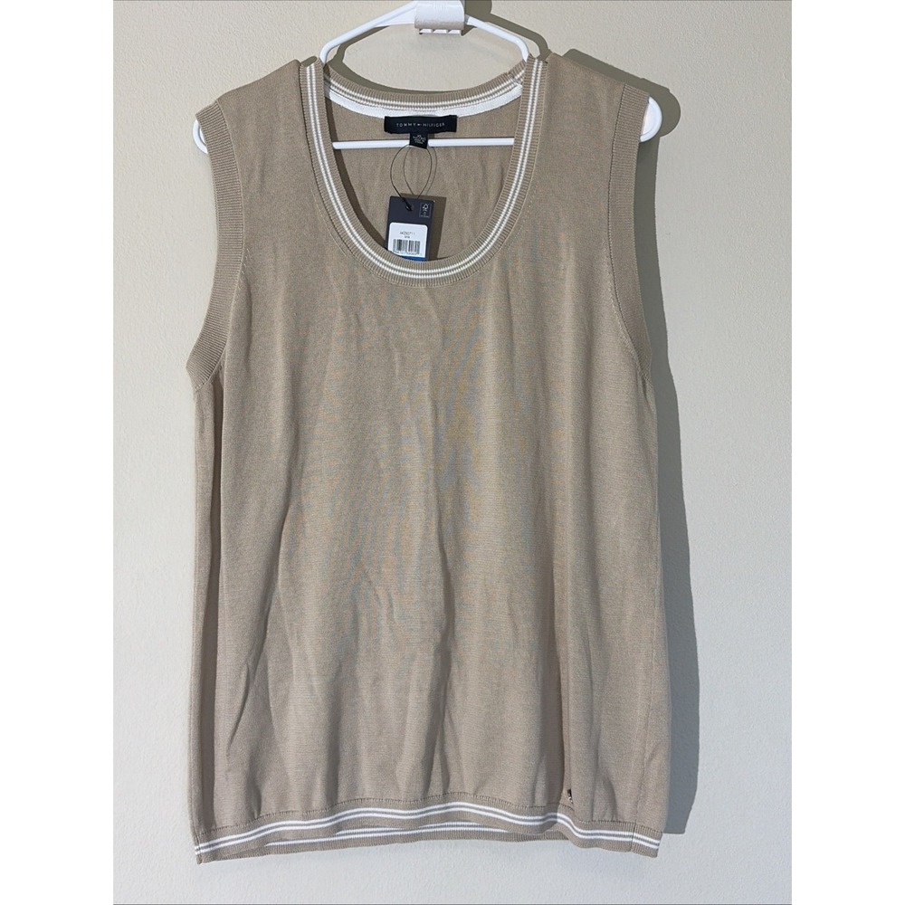 Tommy Hilfiger Khaki Beige Lightweight Knit Preppy Sweater Vest Women XL NEW NWT